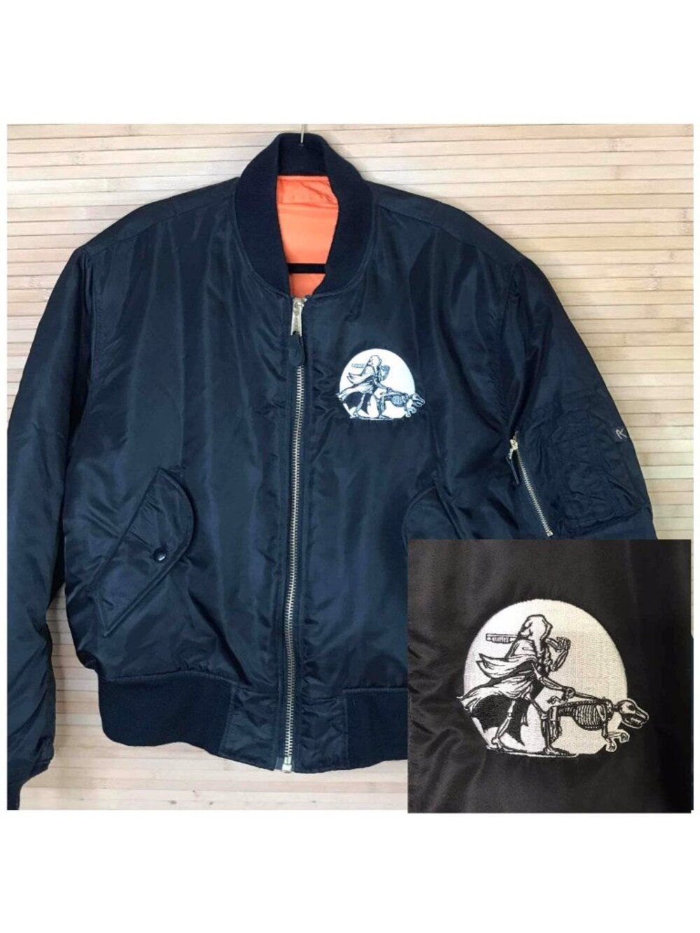 Rothco MA-1 Flight Jacket embroidered Black Patch skeleton dog punk sz L